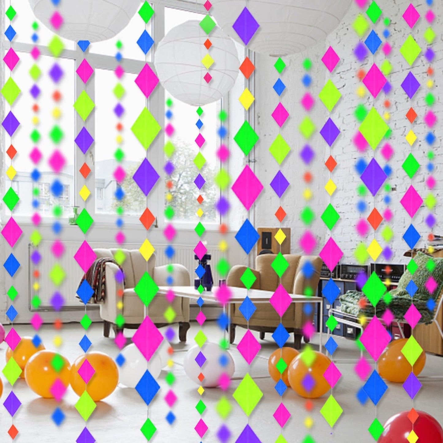 123feet UV Paper Neon Streamers & Garlands - Diamond Shape Black Light Decorations, Glow Party Favors & Supplies for Wedding & Birthday Celebrations