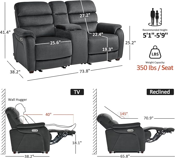 MCombo 73.8'' Wall Hugger Power Loveseat Recliner, Reclining Loveseat - Image 2
