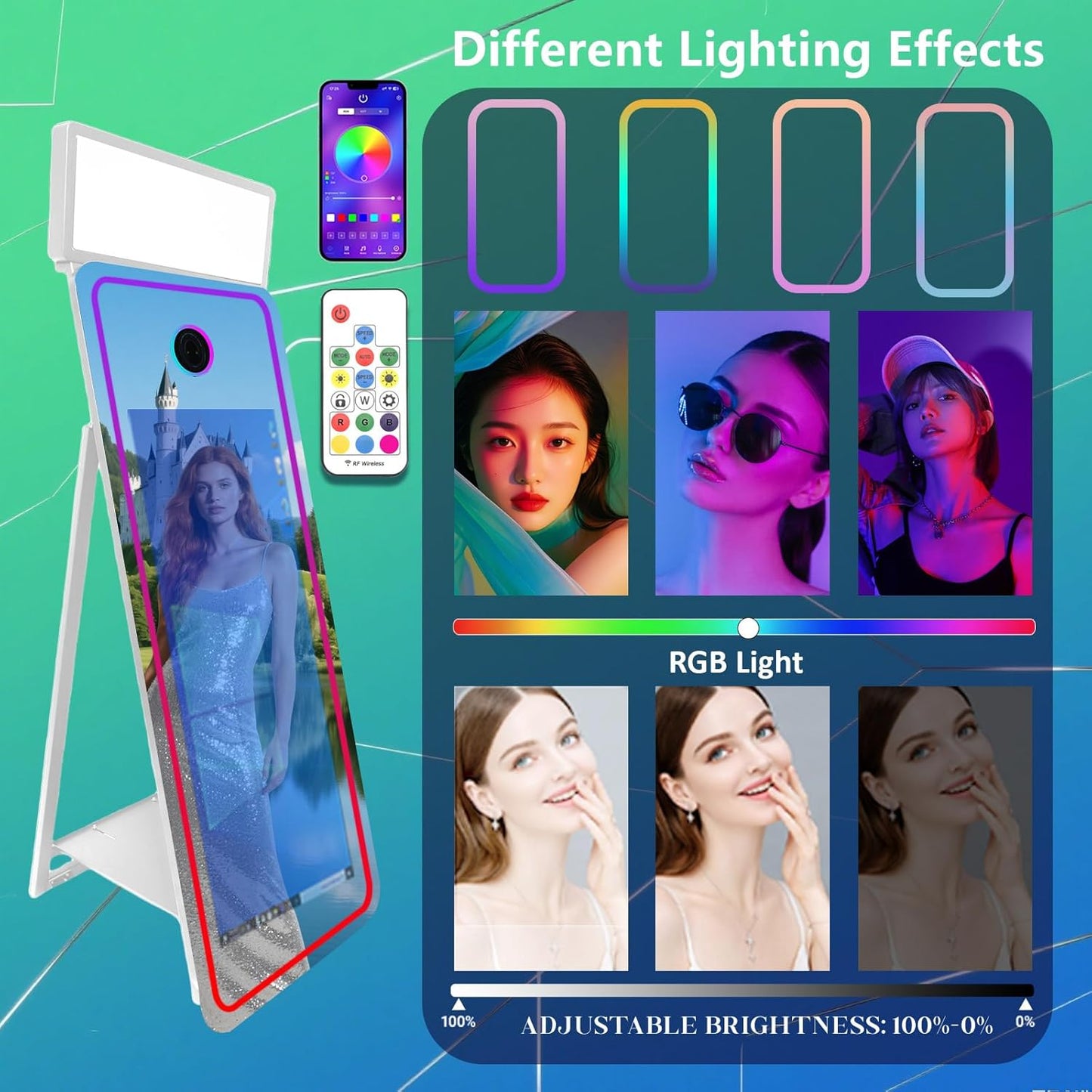 65''Magic Mirror Photo Booth Machine,Mirror Photo Booth 43''Touch Screen,Photo Booth with Flight Case,App Control,RGB Light for Wedding Party Events (White, Machine+Mini Printer)