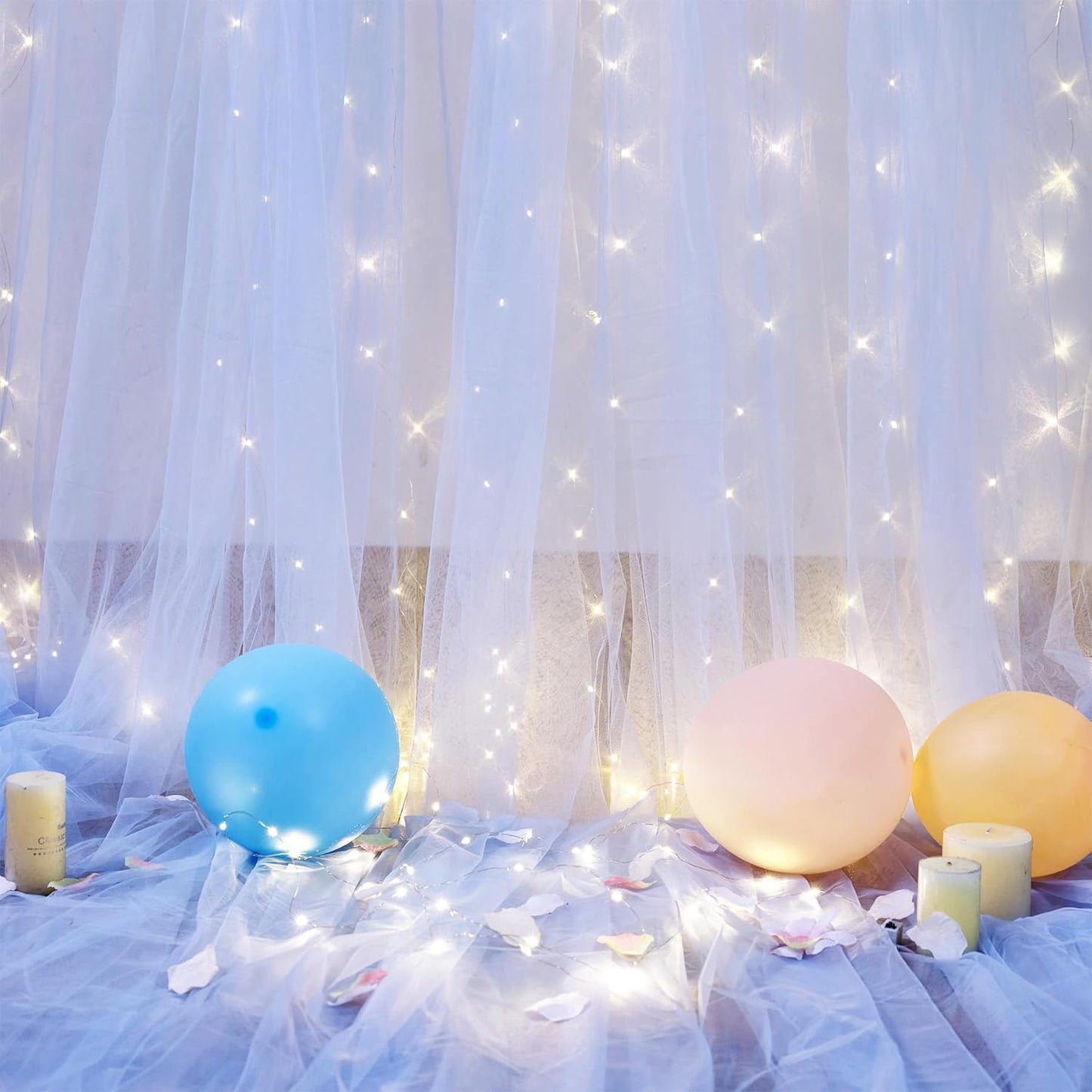 Blue Tulle Backdrop Curtains with Lights String for Parites Baby Shower 20×8ft Blue Sheer Backdrop Curtains Drapes for Bridal Shower Birthday Party Photo Shoot Background Decorations(4 Panels 5×8ft)
