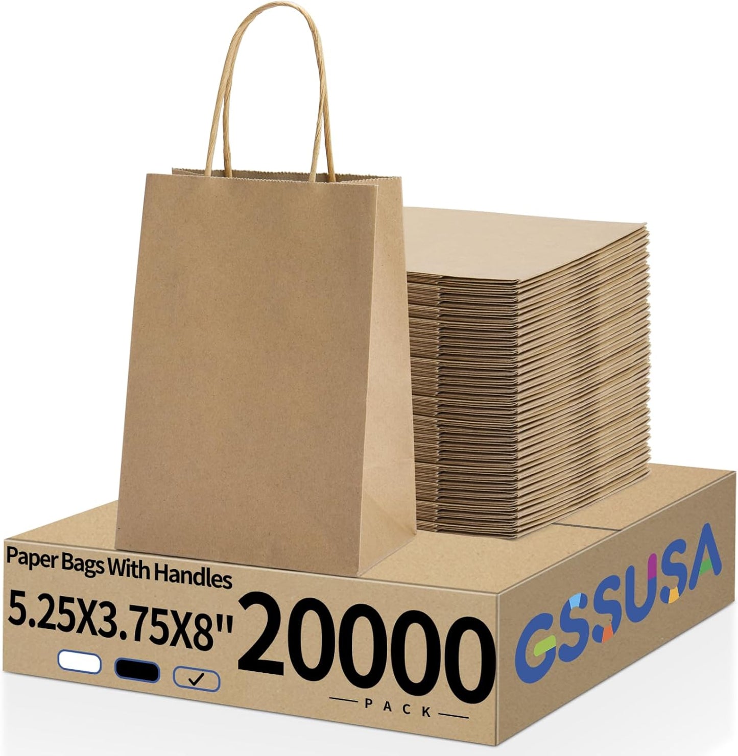 GSSUSA Paper Gift Bags 5.25x3.75x8 Inch 20000 Pack, Valentine's Day Gift Wrap Bags with Handles, Brown Kraft Paper Bag for Small Business, Heavy Duty Bulk, for Birthday Party Favors, Shopping, Retail