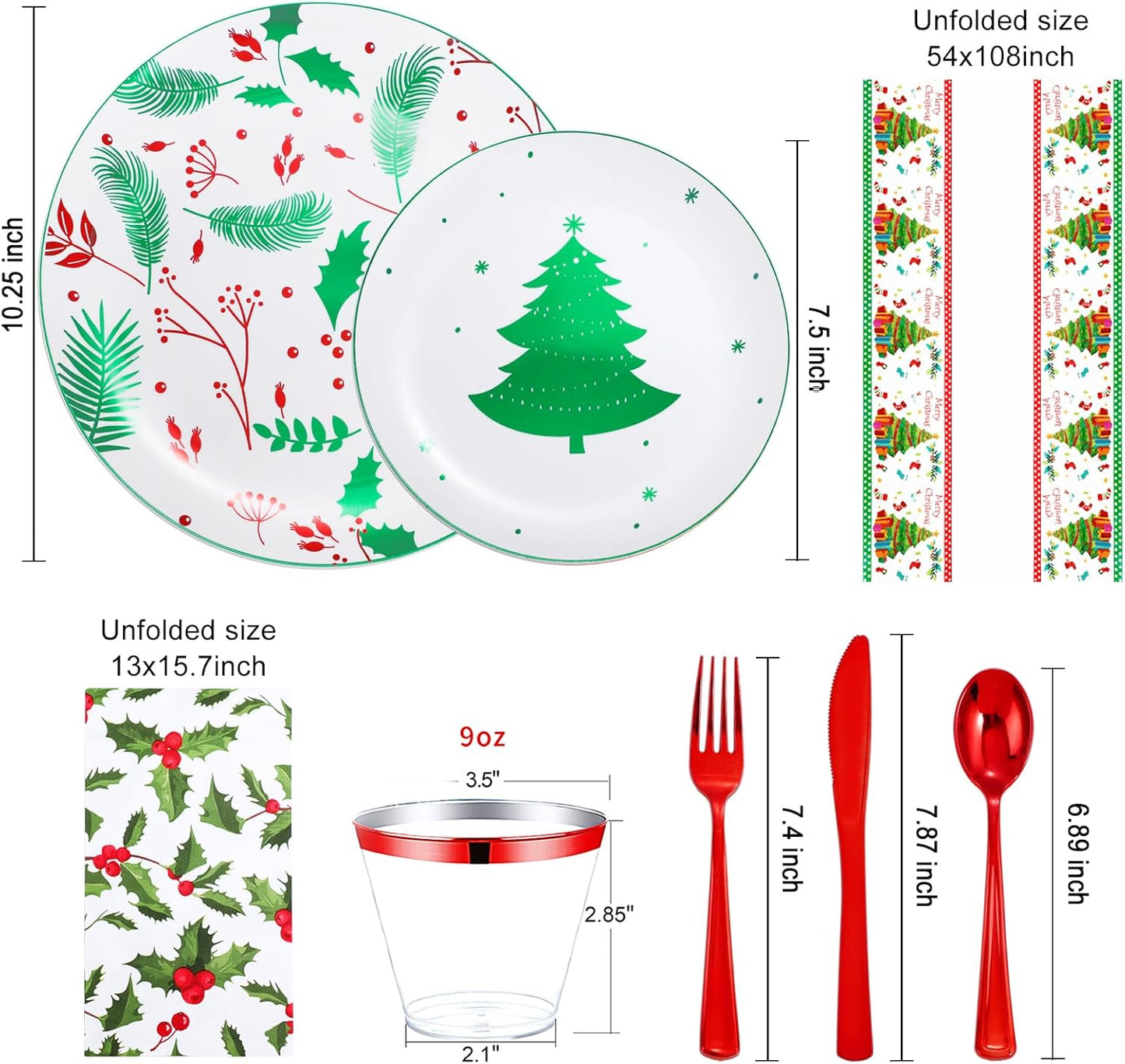 Festiva 176Pcs Christmas Plastic Plates Heavy Duty- Christmas disposable Dinnerware Set-include 50Plates 25Plastic Silverware 25Cups 25Holly Berry Napkins