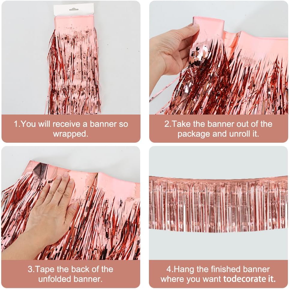 BEISHIDA 3 Packs 30 Feet Metallic Foil Fringe Garland Tinsel Streamers，Shiny Rose Gold Wall Hanging Tinsel Fringe Banners for Wedding Birthday Party Decoration Halloween Christmas New Year