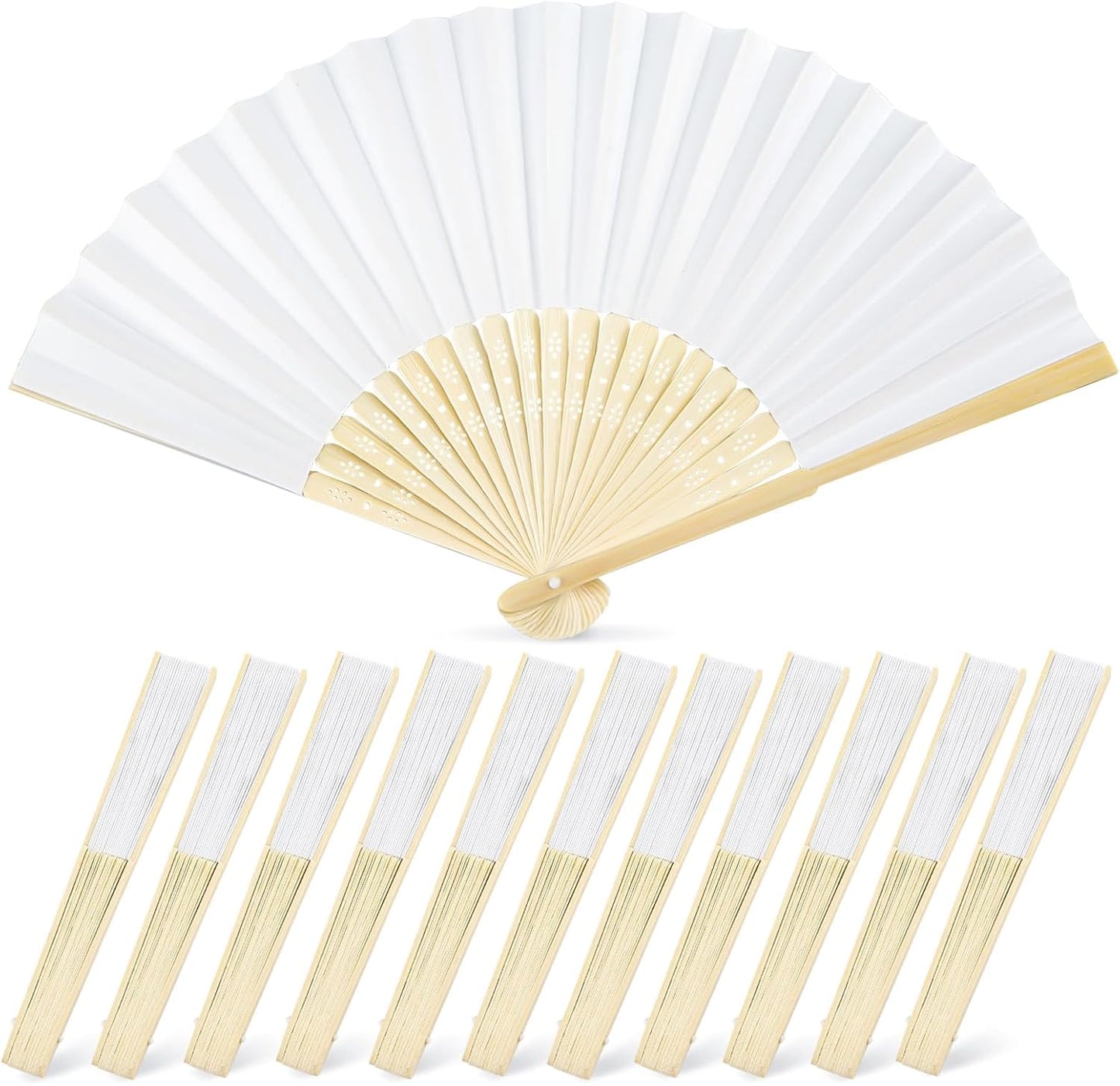 JOHOUSE 12 Pcs White Paper Fans Handheld – 8.3 Inch Foldable Hand Fan, Folding Fans Handheld for Women, Paper Fan for Wedding Guests, Bridal & Baby Shower Favors, Party Decorations