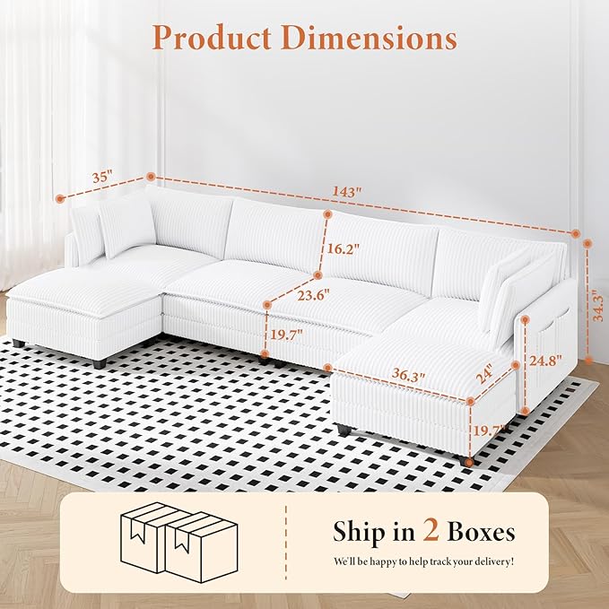 Vesgantti 143" U Shaped Sectional Modular Couch, Comfy Corduroy Upholstered - Image 2