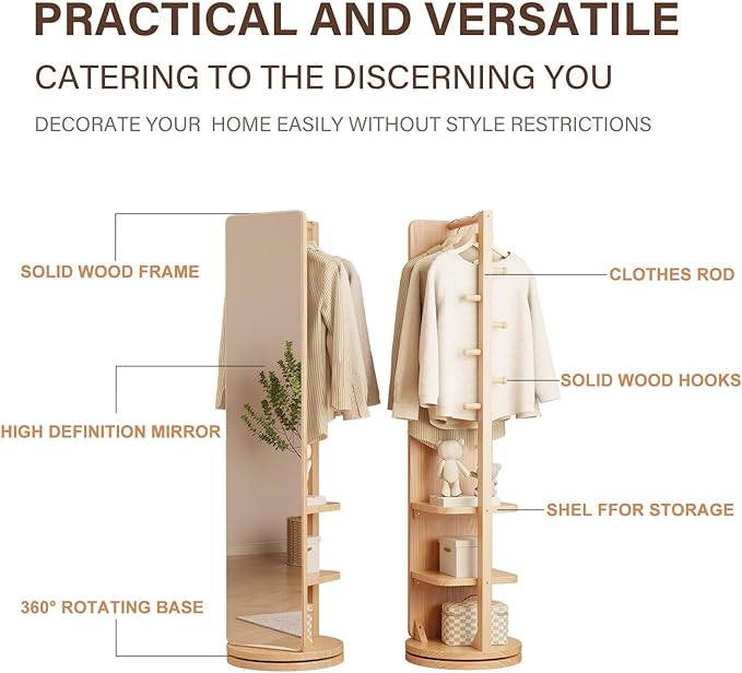 WoodsWhisper Full Length Mirror Coat Rack Solid Wood Floor Mirror 66"x12" Full - Image 7