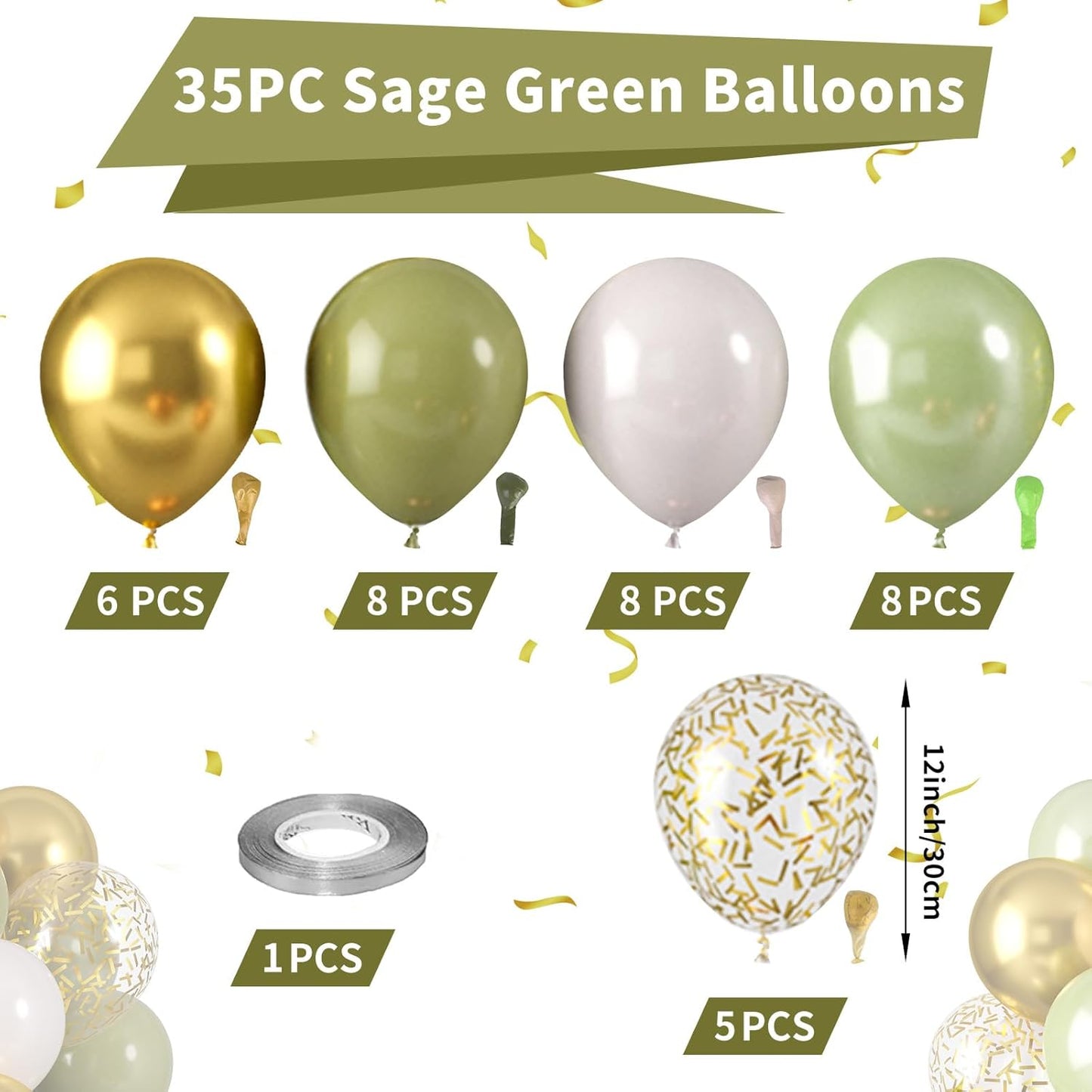 Sage Green Balloons, Sage Balloons Retro White Pearl Light Green Balloon, White Sand Gold Confetti Balloon for Baby Shower Birthday Wedding Graduation Party Decorations Supplies