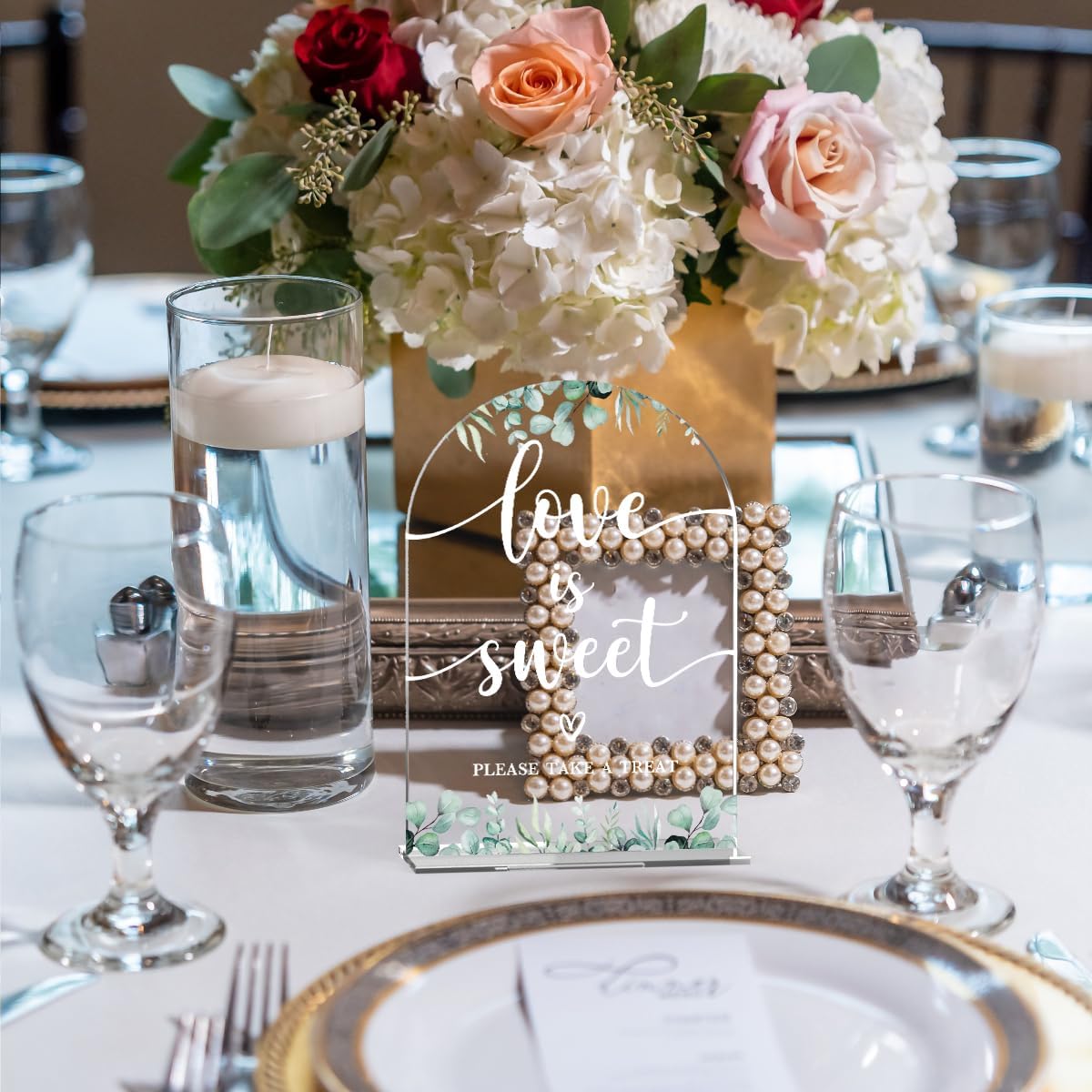 Acrylic Wedding Sign Love is Sweet Signs for Ceremony Modern Calligraphy Arch Acrylic Table Top Signs for Wedding Reception and Event Party Table Decor (Eucalyptus Leaves)