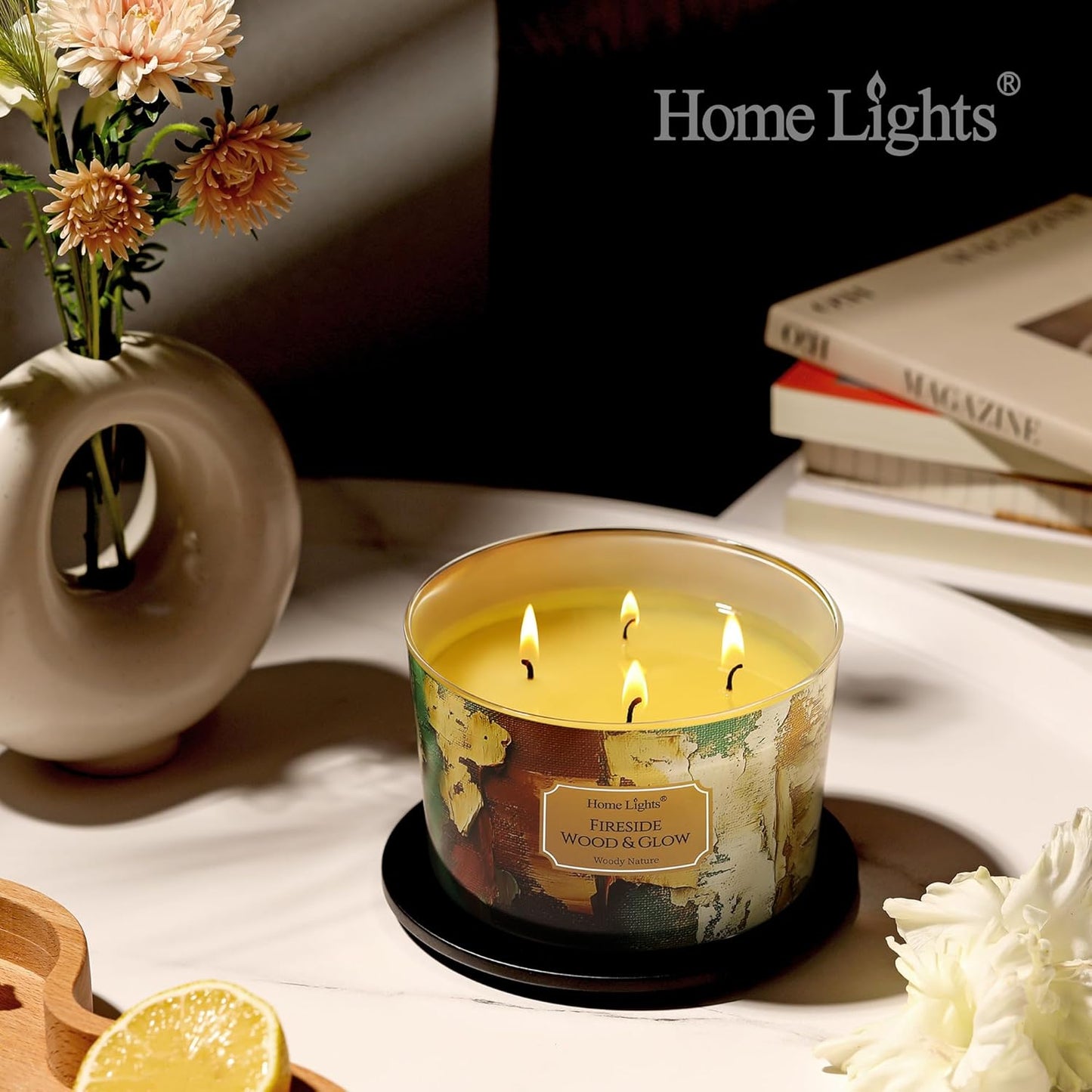 HomeLights 4-Wick Candles for Home Scented - 18oz Soy Wax Blend Candle Long-Lasting Fragrance, Industrial Chic Home Decor and Housewarming Gifts, Fireside Wood & Glow