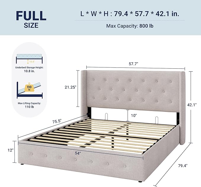 Allewie Full Size Lift Up Storage Bed, Button Tufted Headboard - Image 2