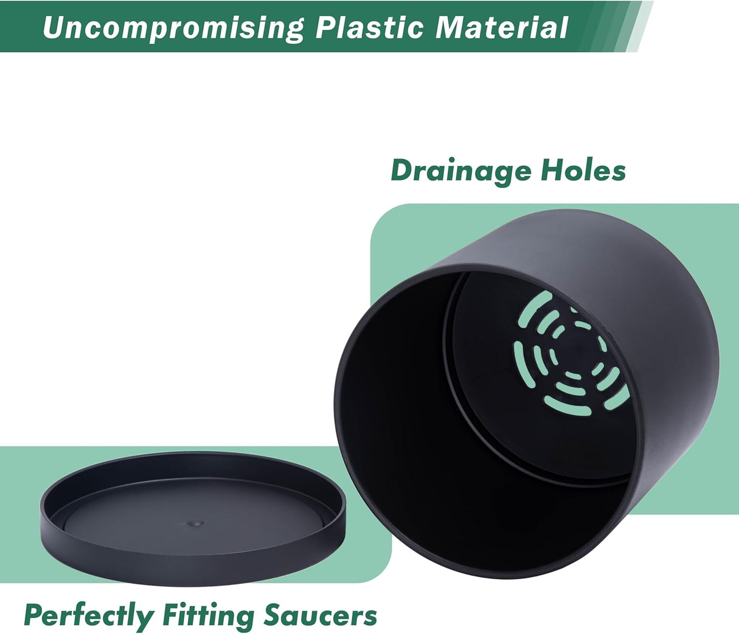 D'vine Dev 2 Pack 10 Inch Modern Plastic Plant Pots, Cylindrical Garden Planters for Plants with Drainage Holes and Saucers, Black, 74-Y-N-1