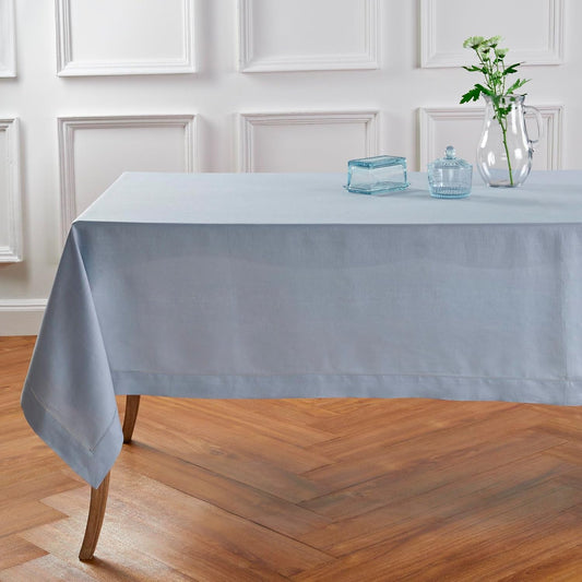 Solino Home Dusty Blue Linen Tablecloth 60 x 108 Inch - 100% Pure Linen Hemstitch Table Cloth for Rectangle Tables - Classic Hemstitch, Machine Washable Tablecloth for Fall, Autumn, Thanksgiving