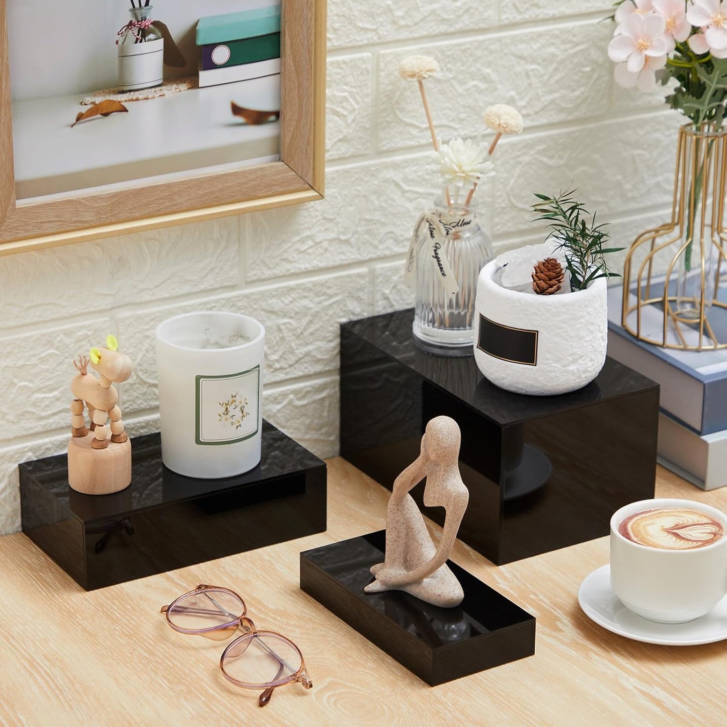 Leinuosen 7 Pcs Large Buffet Risers Set 6" to 12" Acrylic Display Box Catering Dessert Table Riser Food Display Decorative Stand with Hollow Bottom for Catering Supplies(Black, Rectangle)