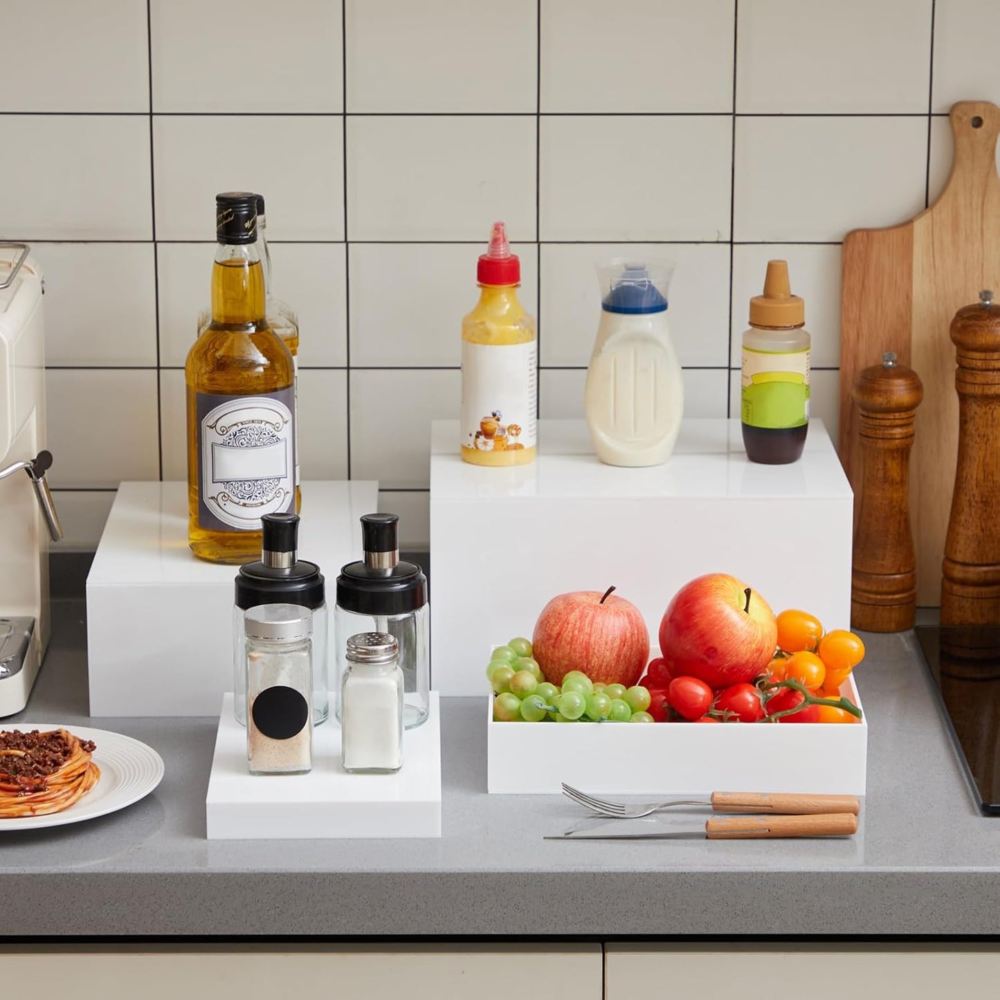 Leinuosen 7 Pcs Large Buffet Risers Set 6" to 12" Acrylic Display Box Catering Dessert Table Riser Food Display Decorative Stand with Hollow Bottom for Catering Supplies(White, Rectangle)