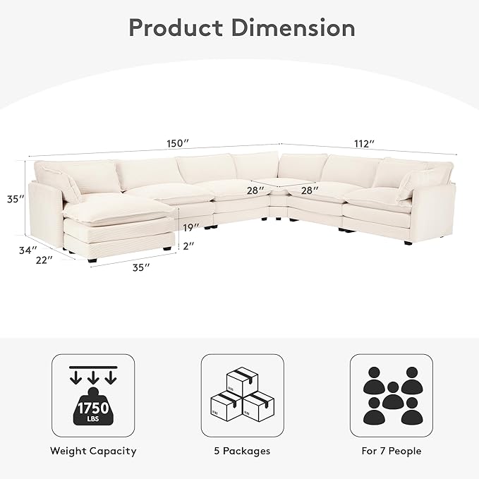 ROWHY 150'' Modular Sectional Cloud Couch, 7 Seater Corner Sofa Big Comfy - Image 2