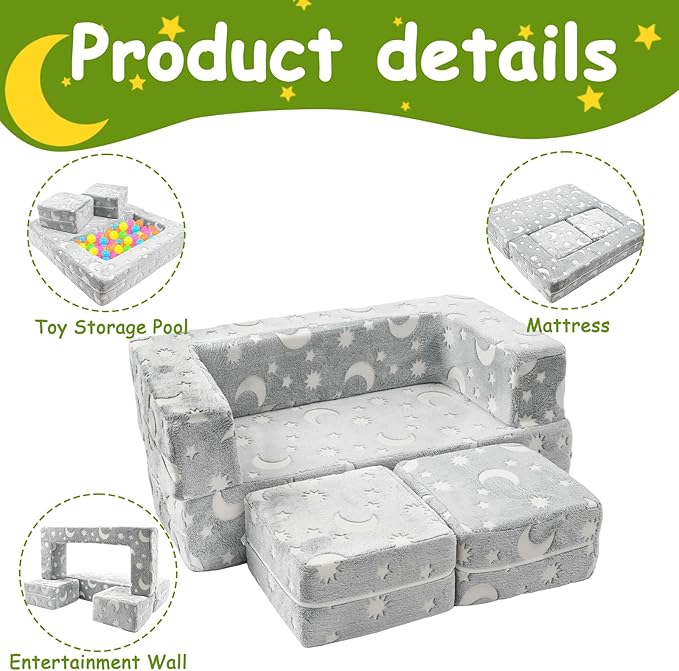 Kids Couch, Dark Grey | Glow-in-The-Dark, Chair Seat, Playroom Furniture - Image 6