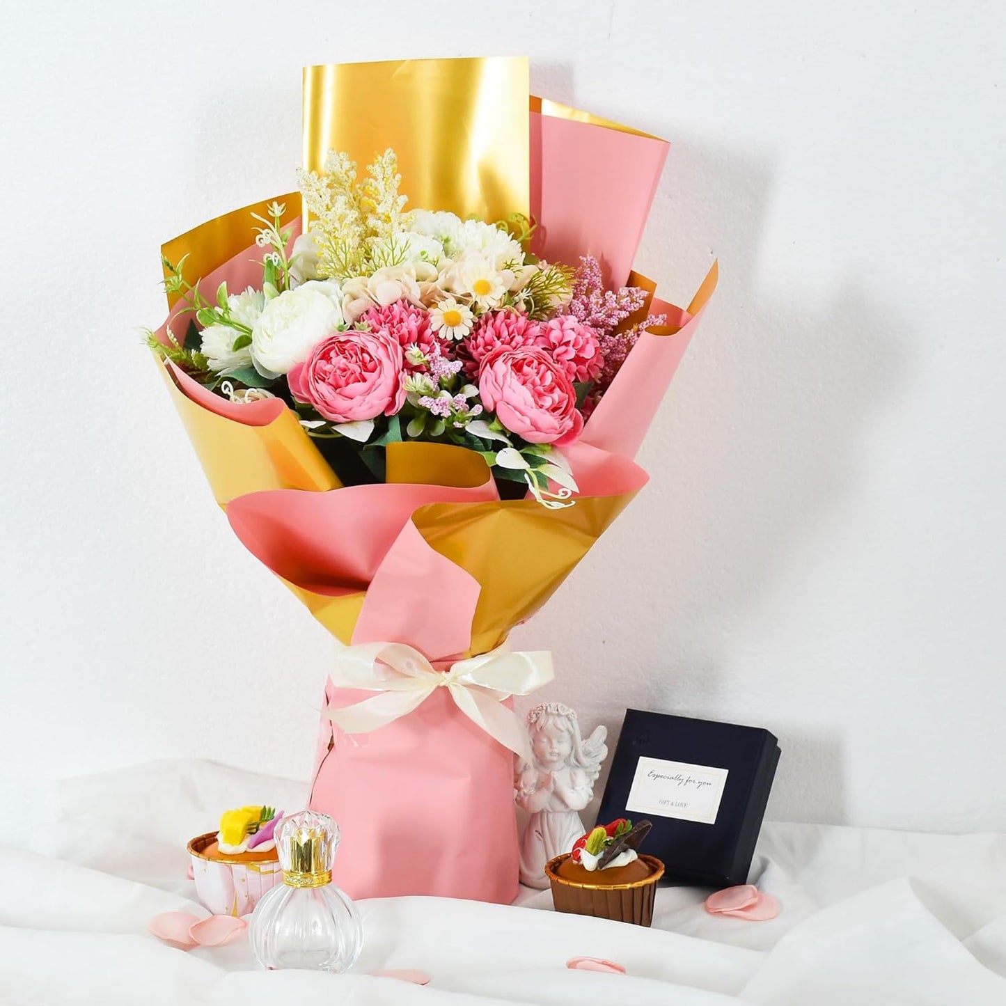 BEISHIDA 20Pcs Pink and Gold Double Sided Floral Wrapping Paper Matte Waterproof Flower Bouquet Wrapping Paper for Floral Wrap Florist Packing Supplies Birthday Valentine's Christmas Gift Wrapping