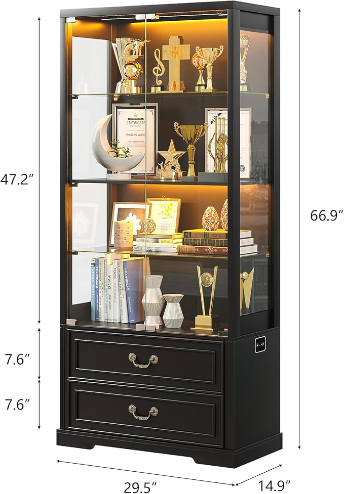 FREDEES Display Cabinet with Glass Doors, Tall Bookcase with 3 Color Lights and - Image 2