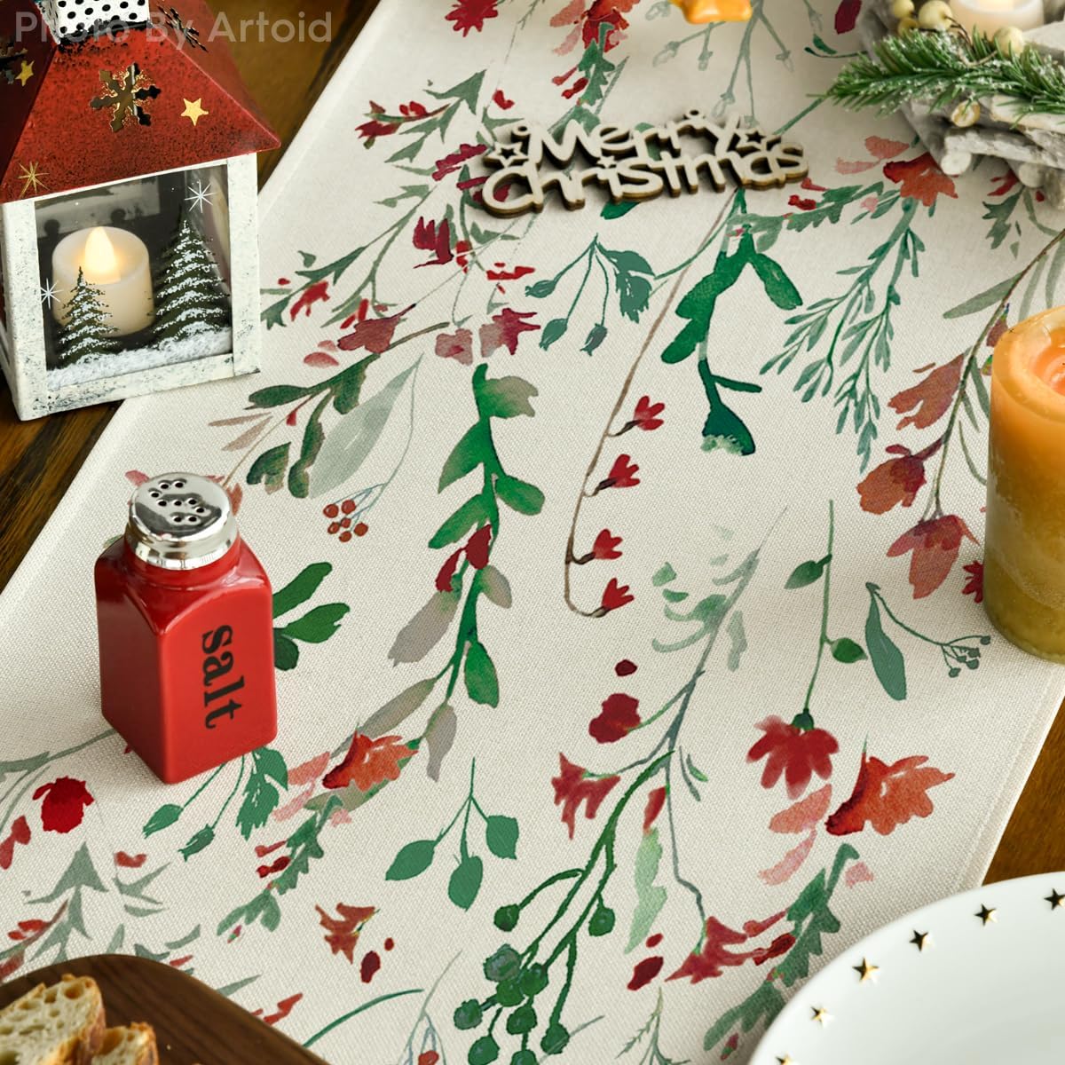 Artoid Mode Floral Leaves Christmas Table Runner, Wild Flowers and Grasses Winter Kitchen Dining Table Decoration for Home Party Decor 13x60 Inch