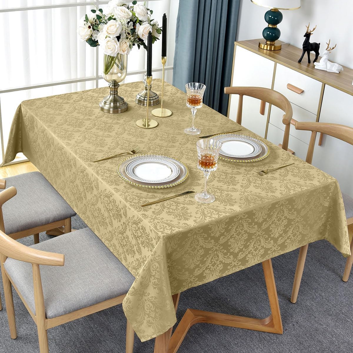 SASTYBALE Jacquard Tablecloth Rectangle 60 x 120 Inch, Spill Proof Dust Resistant Damask Table Cloth, Soft Polyester Table Cover for Dining, Party, Indoor, Outdoor, Gold