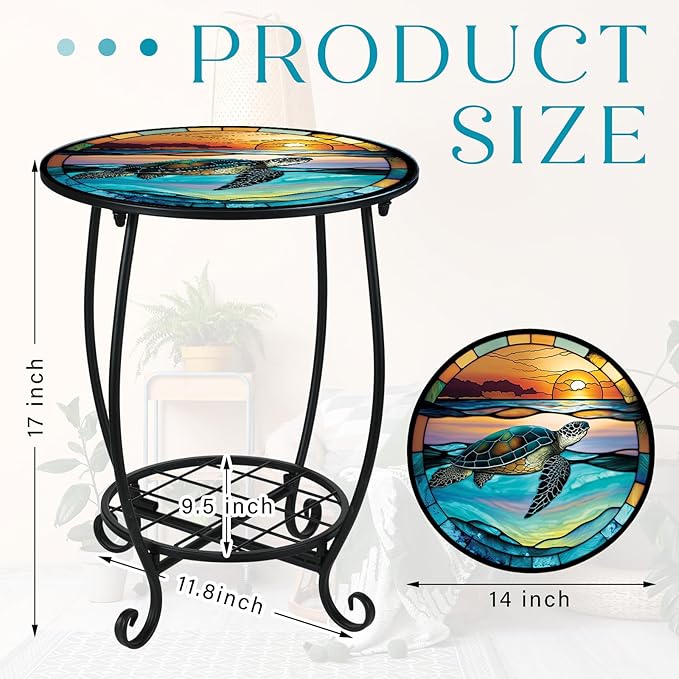 Cinnvoice Outdoor Side Table Round Small Mosaic Patio Accent Indoor End Plant - Image 3