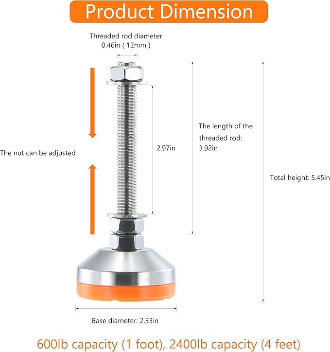 Heavy Duty 2400 lb Capacity Stainless Steel Adjustable Leveling Feet - Image 2
