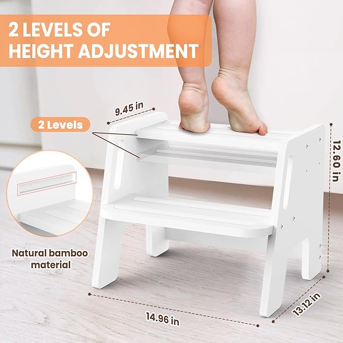 Toddler Step Stool, Wooden Height-Adjustable 2-Step Stool - Image 3