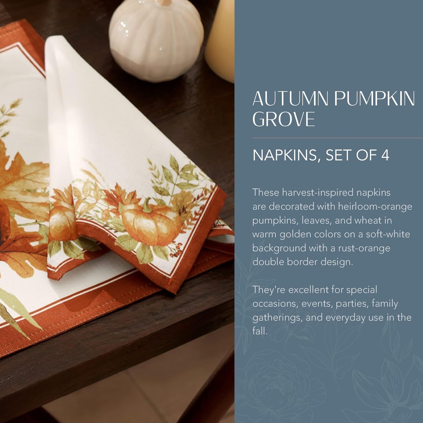 Elrene Home Fashions Autumn Pumpkin Grove Fall Napkins, Seasonal Fall Cloth Napkins, 17" x 17", Set of 4