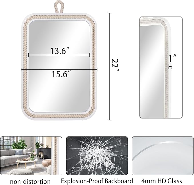 Nautical Rope Mirror Rectangle Wooden 22''Lx16''W White Decorative Mirror - Image 3