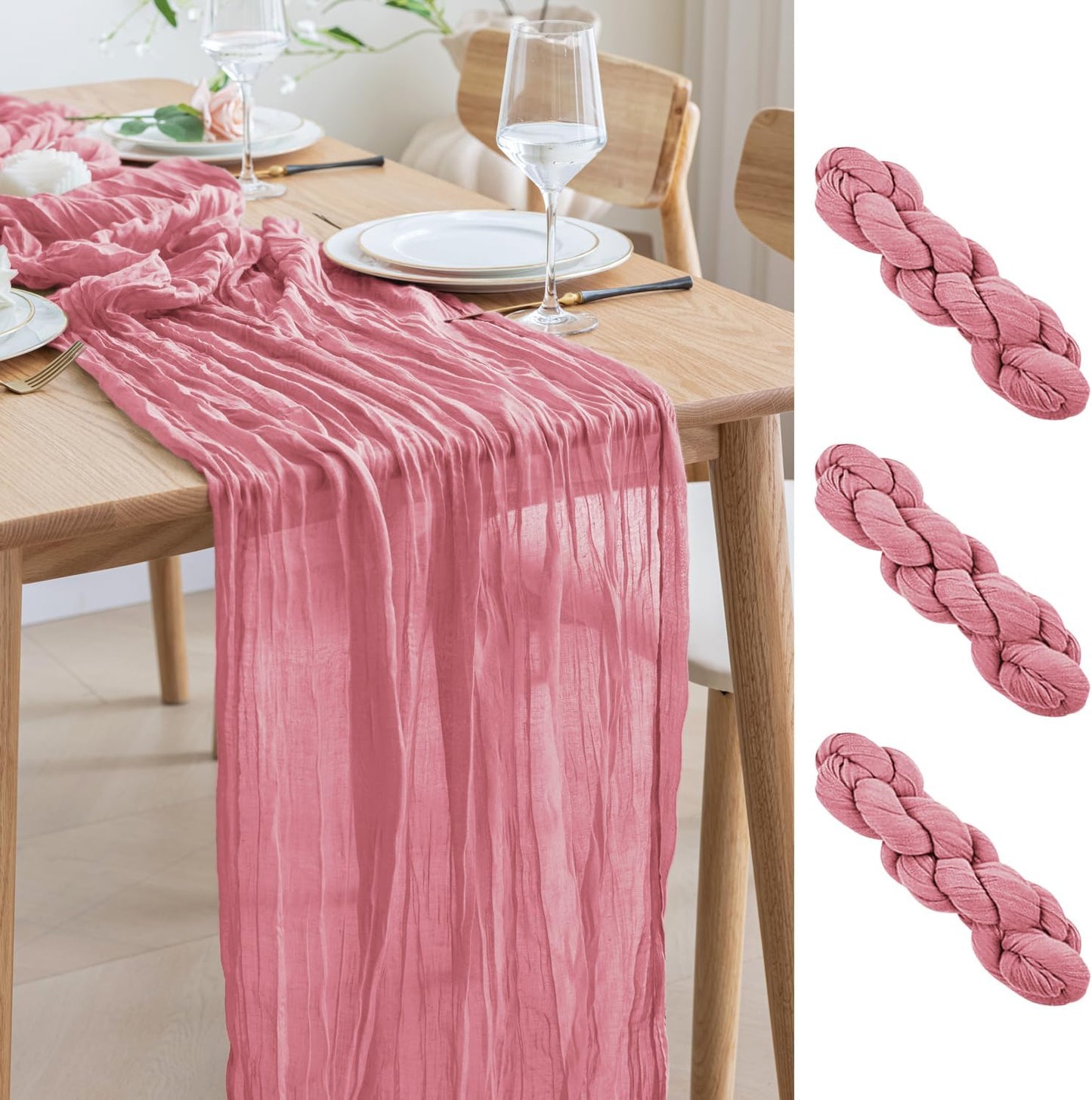 Asee'm 3pcs Cheesecloth Table Runner 120 Inches Dusty Rose Boho Gauze Cheese Cloth Runner 10FT Rustic Sheer Table Runners for Summer Wedding Baby Shower Holiday Party Decoration