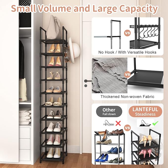 LANTEFUL Tall Narrow Shoe Rack for Entryway, 10-Tier Sturdy Metal Shoe Shelf - Image 6