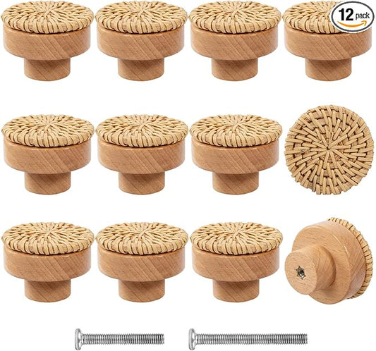 ANPHSIN 12 Pack Boho Wood Dresser Drawer Knobs- Handmade Rattan Woven Cabinet by ANPHSIN