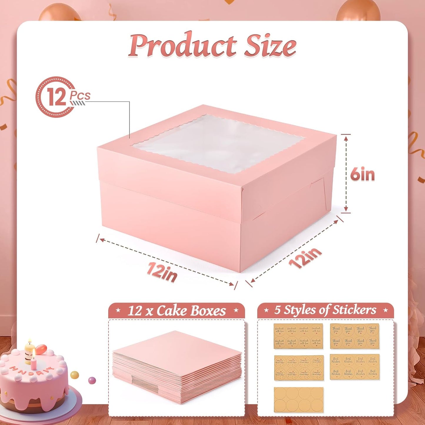12Pcs Cake Boxes, 12x12x6 Inches Pink Bakery Boxes with Window, Large Disposable Cake Carrier Container for Pastries, Pie, Cookies, Chocolates, Cupcakes Dessert Boxes