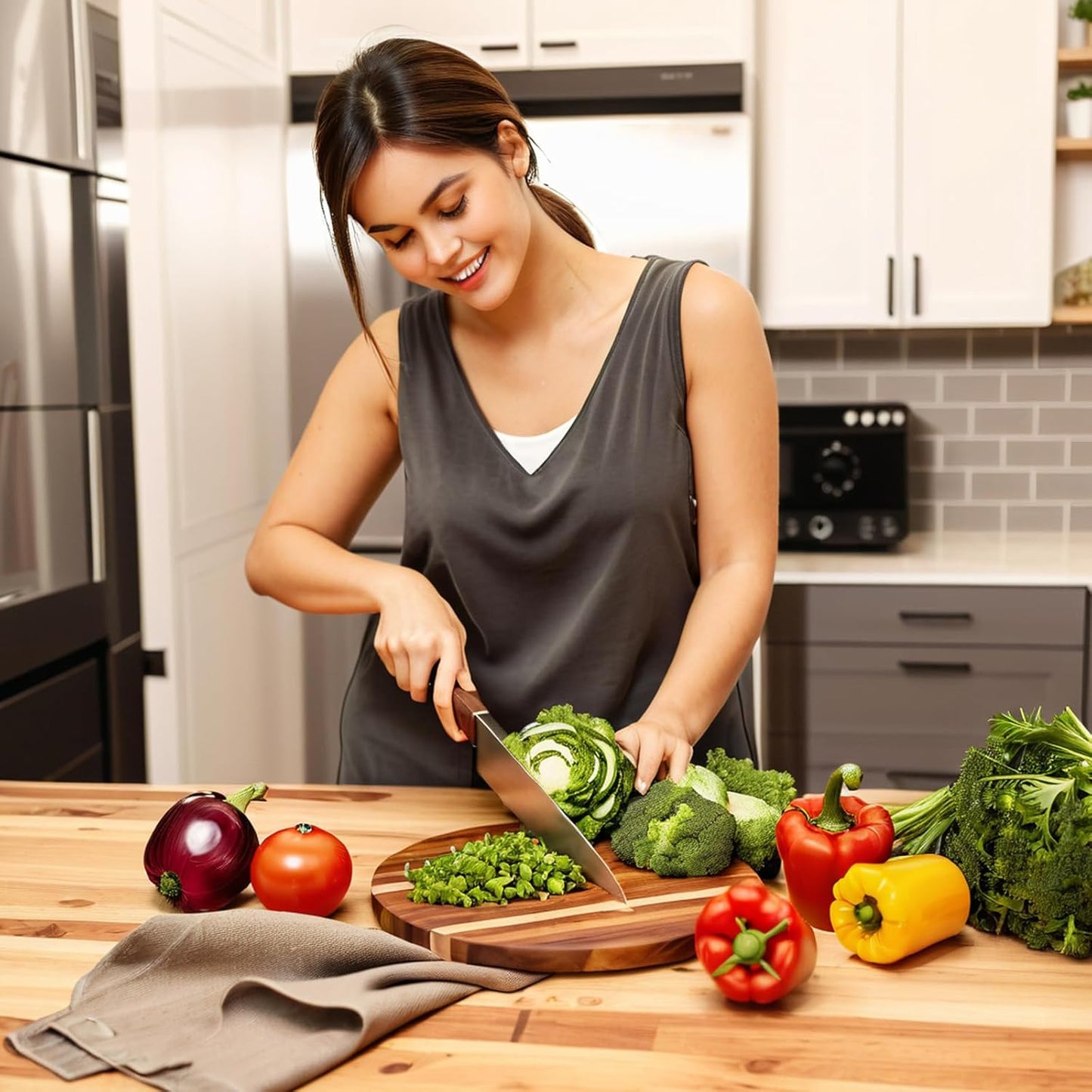 3 PACK Acacia Wood Chopping Boards with Handle, Wooden Charcuterie Board Food Serving Tray Platter for Cheese Pizza Meat Fruit Bread Baking