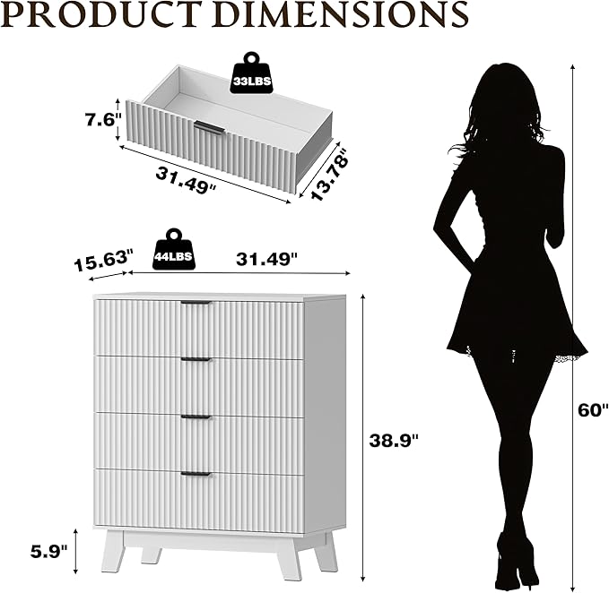 BORNOON 39" Tall Dresser for Bedroom, 4-Drawer Fluted Chest of Drawers - Image 2