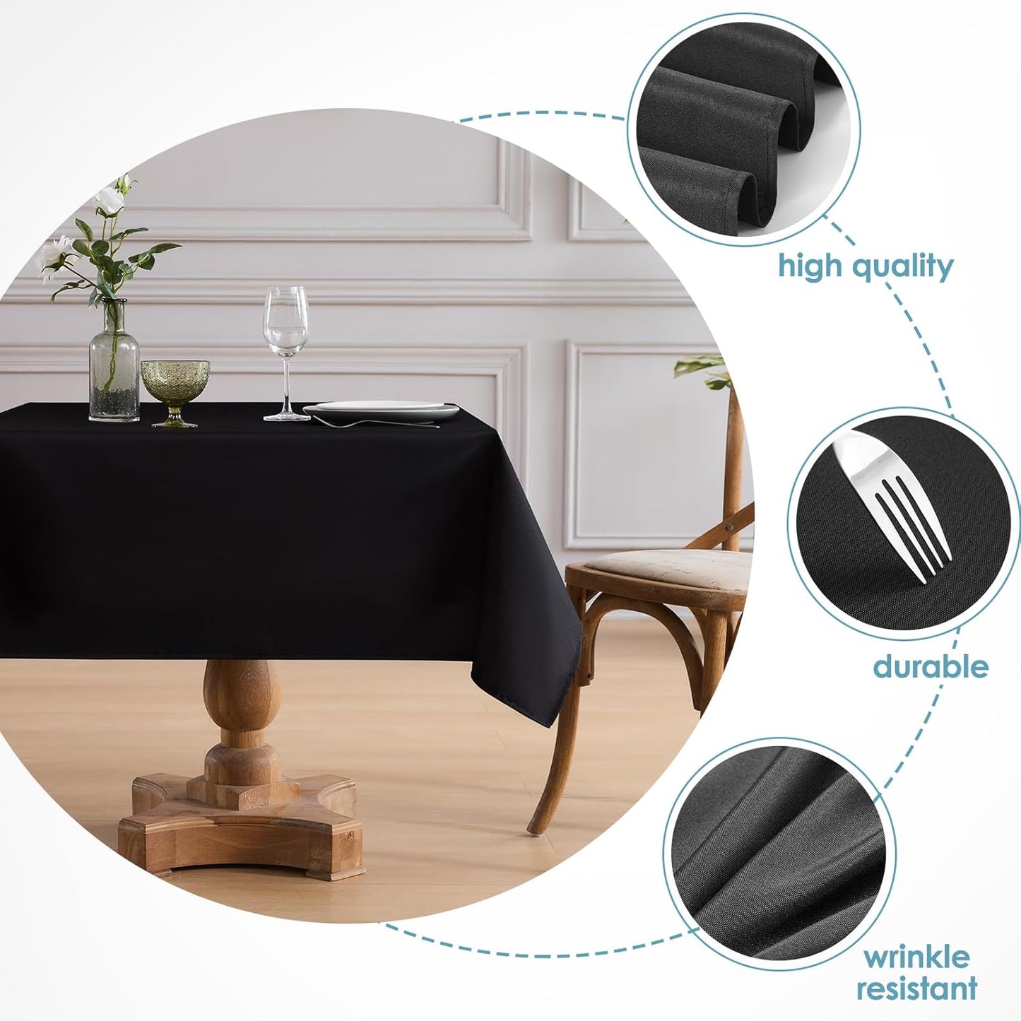 VidaFete Square Tablecloth 52 x 52 Inch Tablecloths Stain Wrinkle Resistant Polyester Dining Table Cover for Kitchen Dinning Party Wedding Rectangular Tabletop Buffet Decoration(Black)