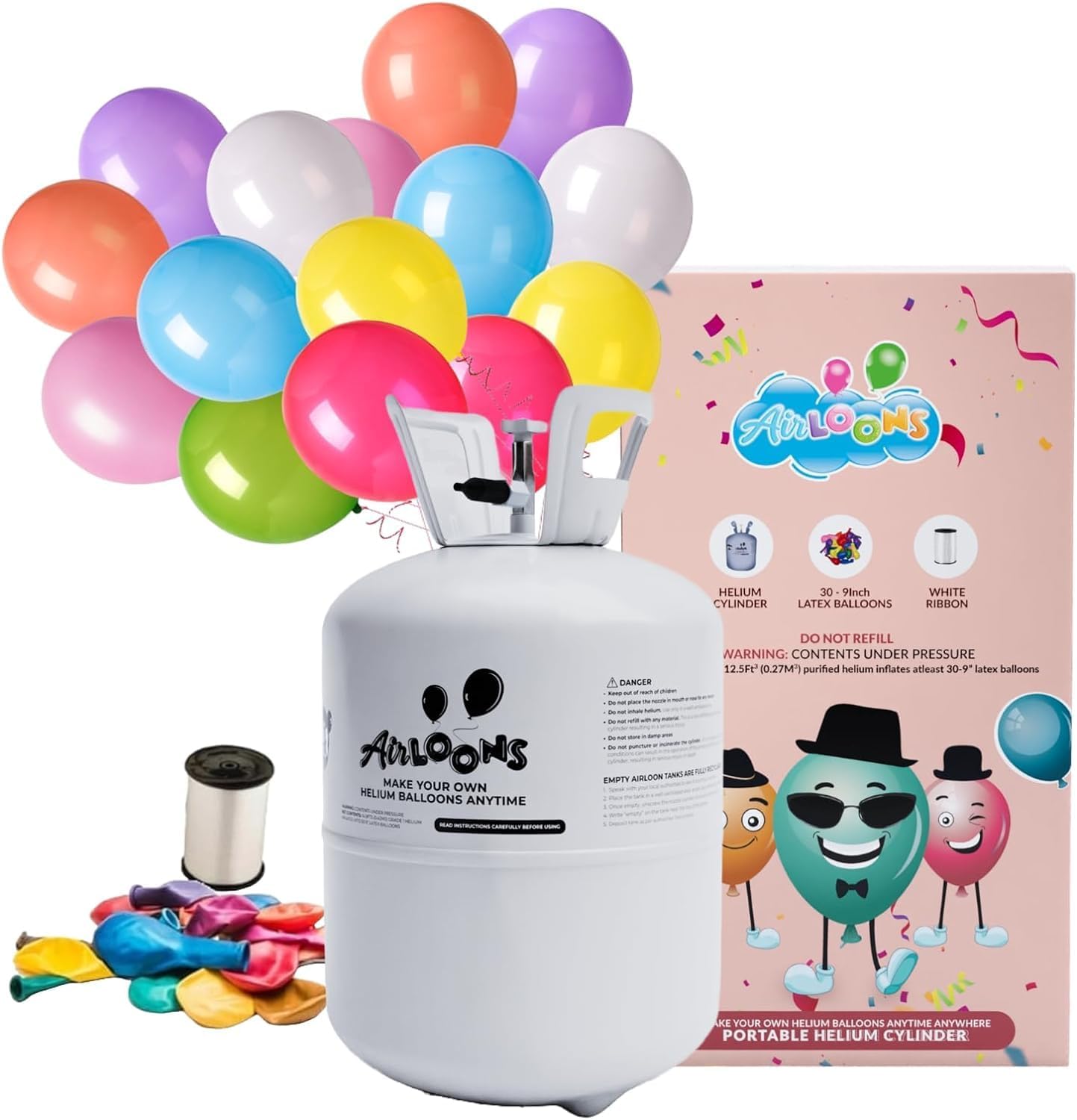 Airloons Helium Tank Balloon Kit with 50 Balloons - 9Inch Latex Balloons | Portable Helium Pump | Disposable Balloon Kit for Birthday Decorations, New Year, Christmas, Party, Home Decoration