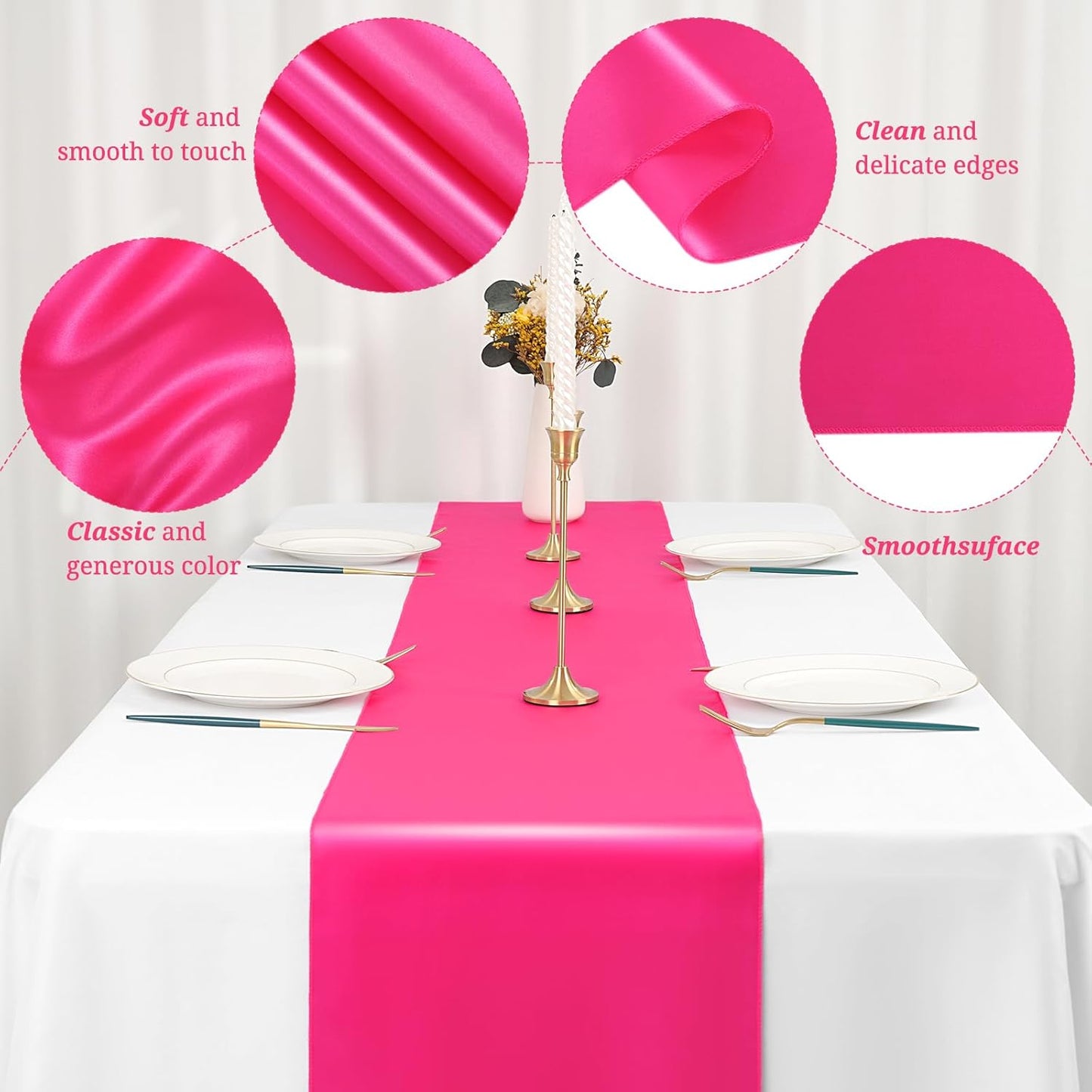 12 Pack Hot Pink Satin Table Runner 12 x 108 inch Long Premium Smooth Table Runner for Wedding, Banquets, Birthday, Party, Graduation, Engagements,Table Runners fit Rectangle and Round Table