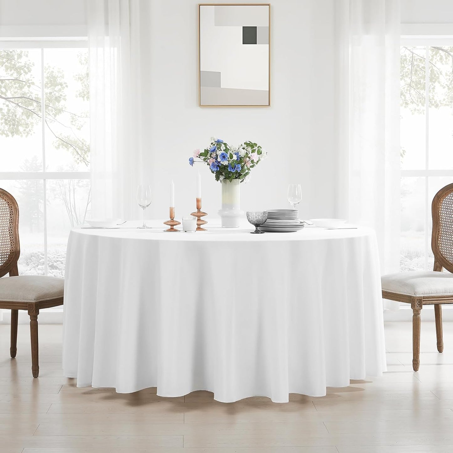 Round Tablecloth 132 Inch 2 Pack White Tablecloths Washable Decorative Linen Polyester Table Clothes Cover for Dining Table Banquets Buffet Parties and Wedding