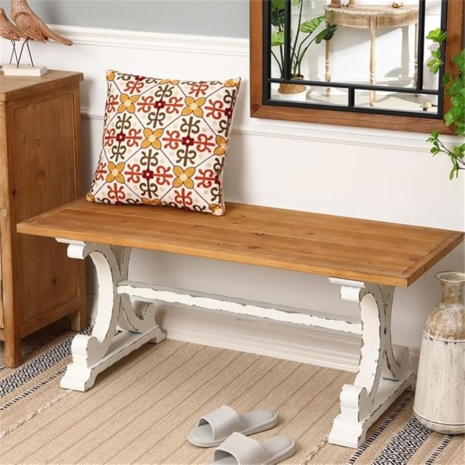 LuxenHome 45" Farmhouse Entry Table, Rustic Bench, Distressed White Coffee Table - Image 9