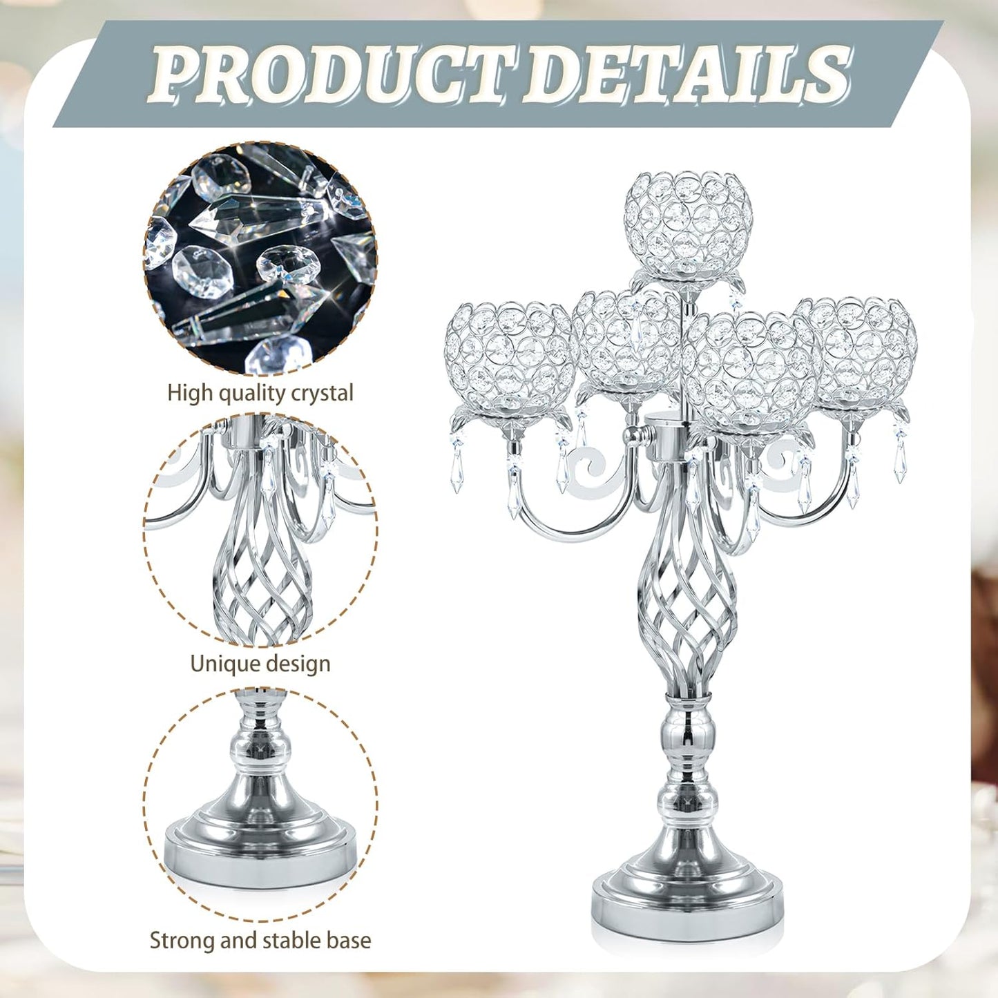 5-Arm Crystal Candelabra Centerpiece 23.2" Tall - Elegant Candle Holder Stand with Crystal Bowl, Chic Table Decor for Weddings, Parties, Anniversary & Home Decoration (4, Silver)