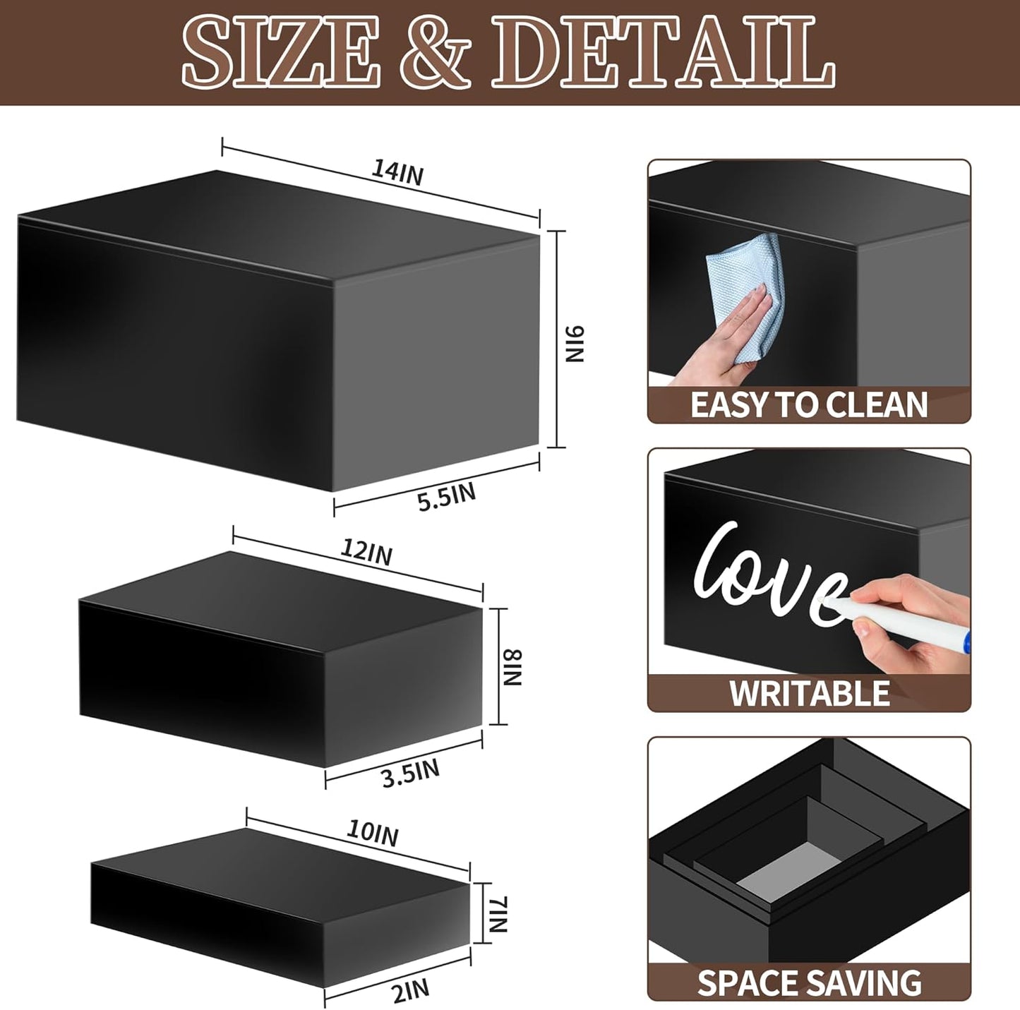 Extra Large Buffet Risers Set, 10" 12" 14" White Acrylic Food Risers for Buffet Table, Display Stand Shelf with Hollow Bottoms for Catering Dessert Collectibles Jewelry Figures Show(Black)