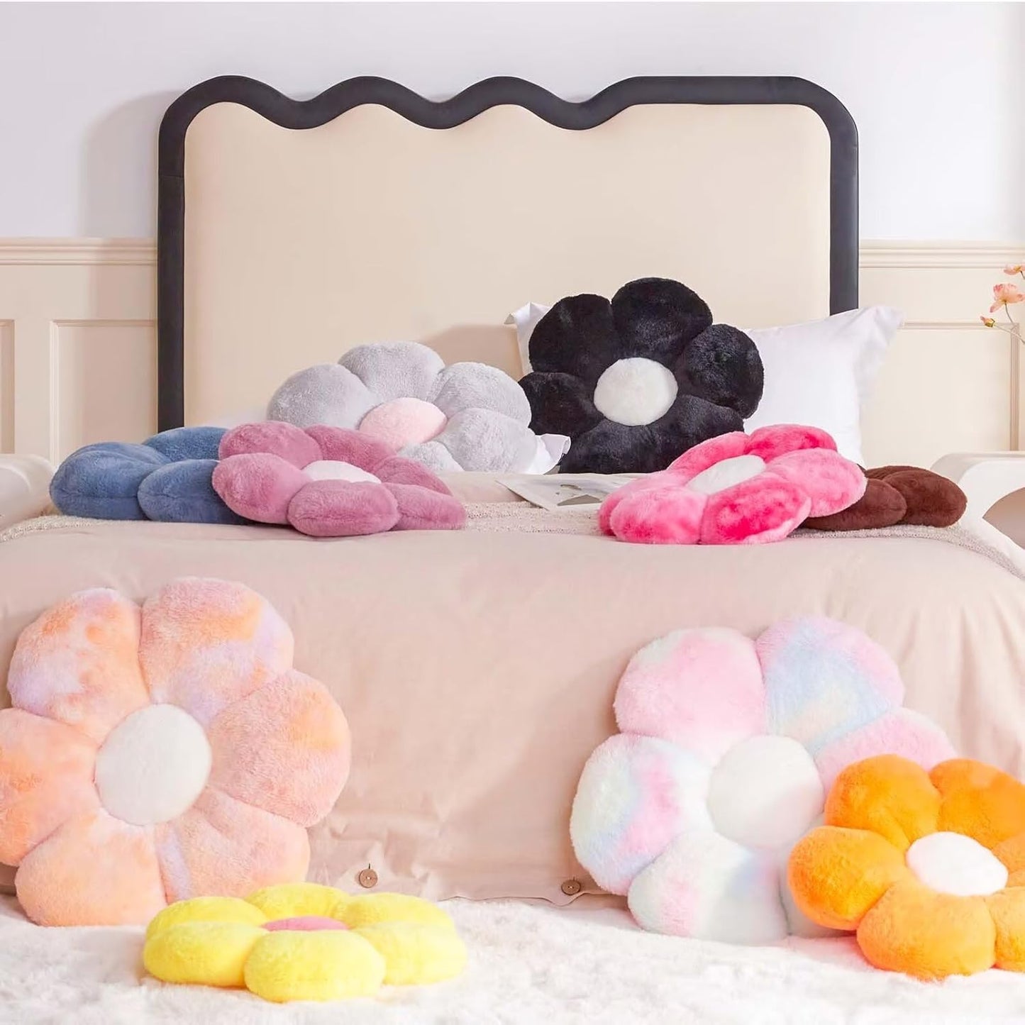 Dusty Purple Flower Pillow, Cute Decorative Flower Shaped Throw Pillow with Faux Rabbit Fur, 14.9" Soft Flower Plush Throw Pillow Floor Pillows Room Décor for Bedroom Living Room