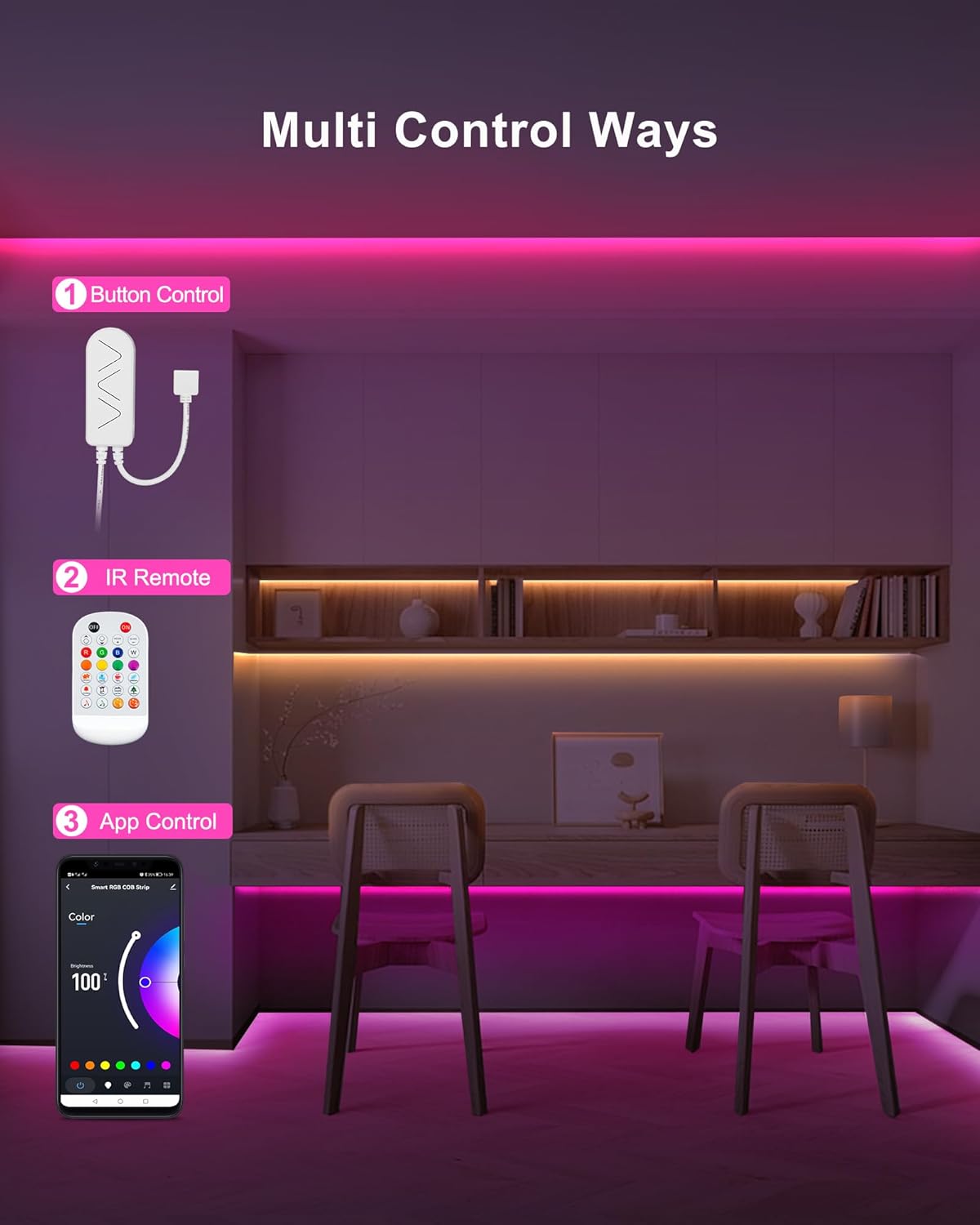 16.4ft Bluetooth RGB COB Led Strip Lights with Remote, Dimmable Smart App Led COB Light Strip, Color Changing Music Sync, Indoor RGB Led Lights for Bedroom, Home Decor, Party