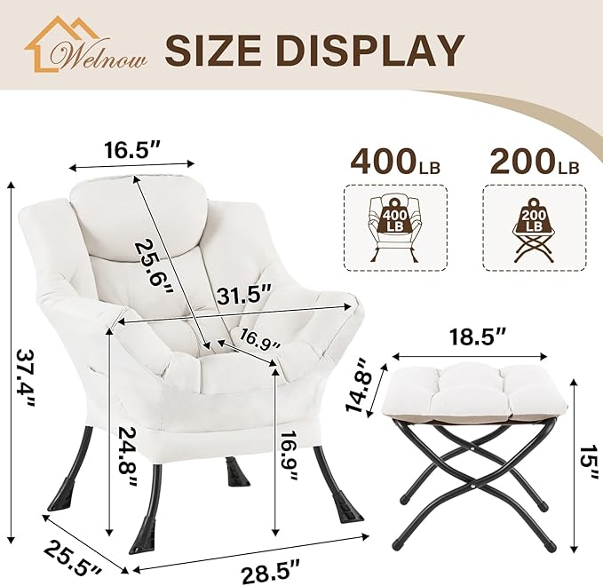 Welnow Lazy Chair with Ottoman, Modern Reading Accent Chair with Armrests and a - Image 3