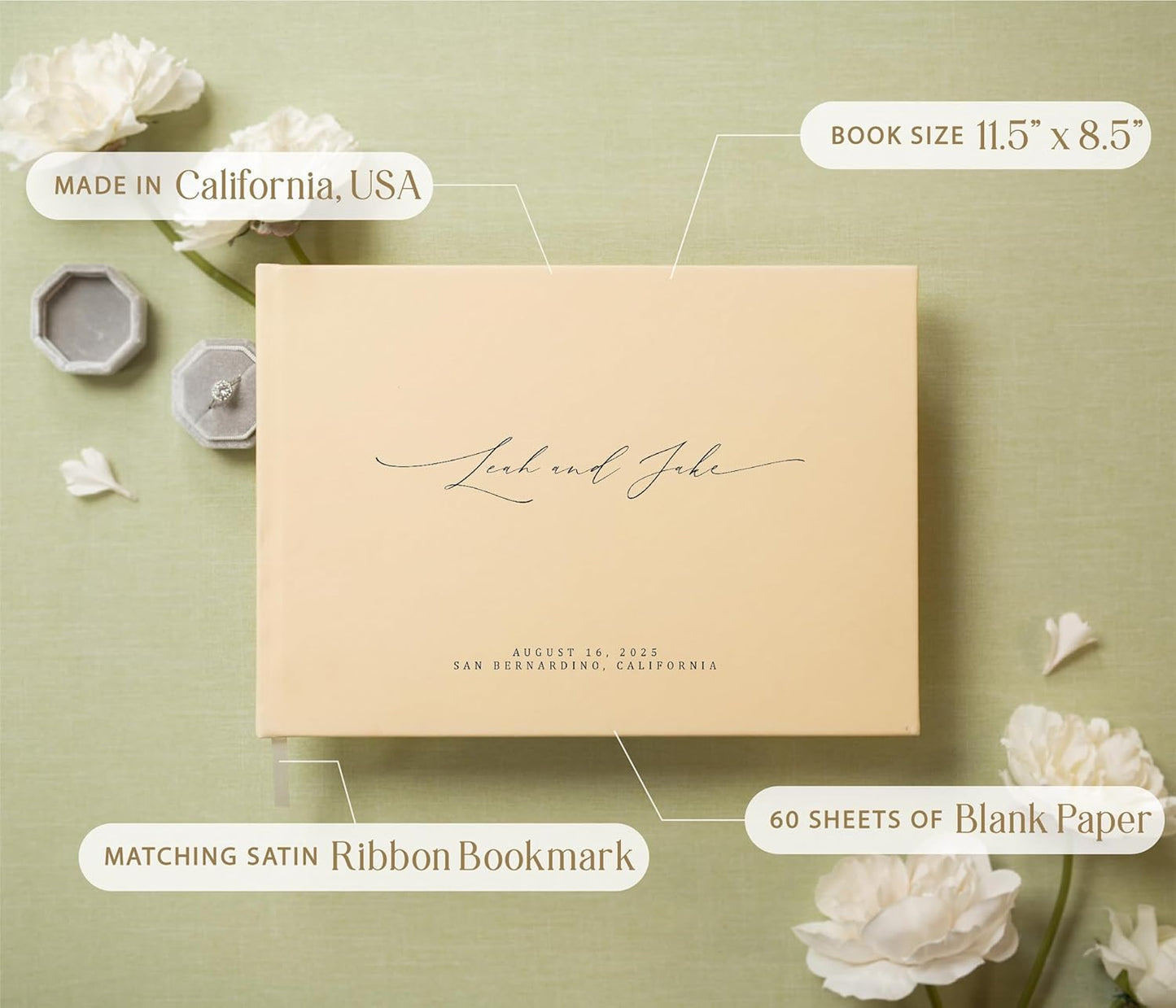 MUUJEE Personalized Guestbook in Butter - Premium Custom Modern Guest Book for Wedding Reception, Birthday Party or Events w/Bookmark Blank Pages for Signing 11.5 x 8.5 inches