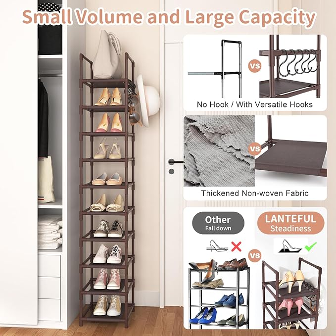 LANTEFUL Tall Shoe Rack 10-Tier Narrow Shoe Shelf Storage - Image 6