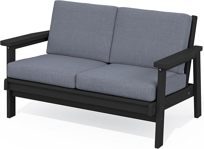 SERWALL HDPE Outdoor Patio Loveseat, All Weather Wood-Like Outdoor Sofa HDPE by SERWALL