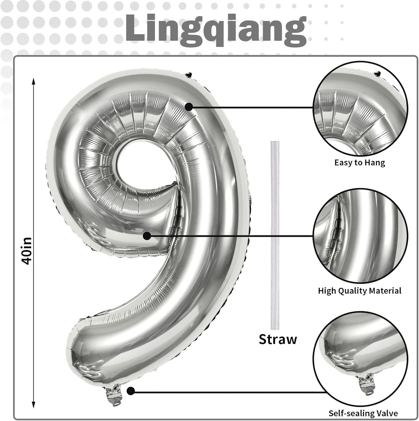 40'' Silver Number 9 Balloons for Women Men, Giant Self Inflating Foil Number Balloons Set 0-9, Large Digital 9 Helium Balloon for Boys Girls 9th Birthday Party Decorations Anniversary Supplies