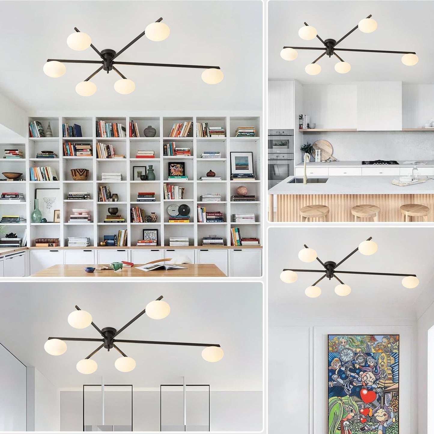 6-Light Mid Century Semi Flush Mount Black Matte Sputnik Chandelier Fixtures with Milk Glass Shade for Foyer MCL01-6 BK